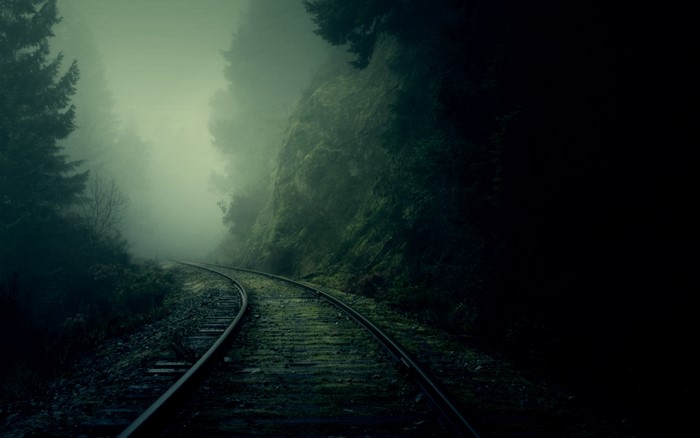 Dark railway through a misty forest