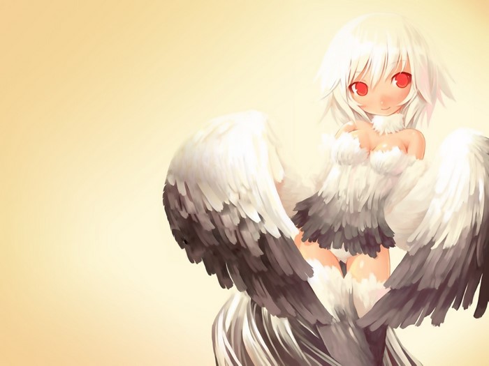 Anime girl with white hair and red eyes, bird wings