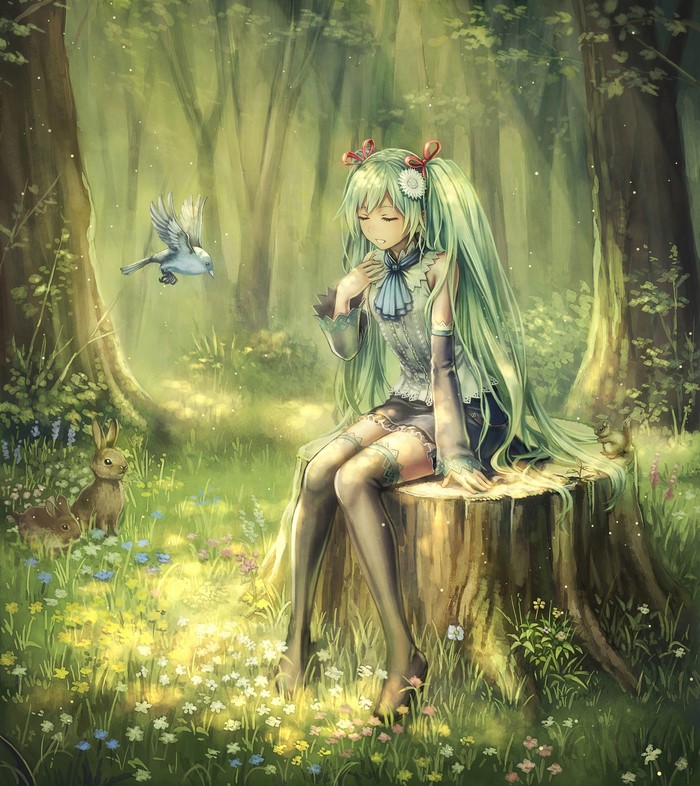 Hatsune Miku in a forest with birds and rabbits