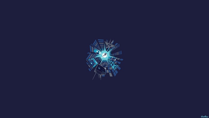 Minimalist artwork of a futuristic city with a figure flying