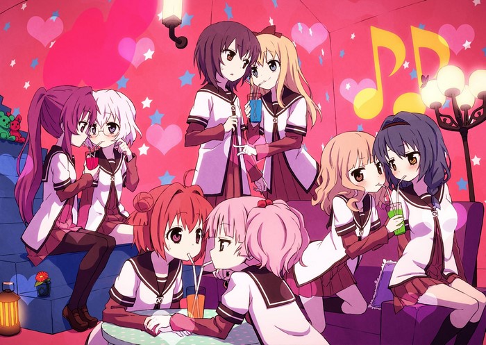 Yuru Yuri characters sharing drinks