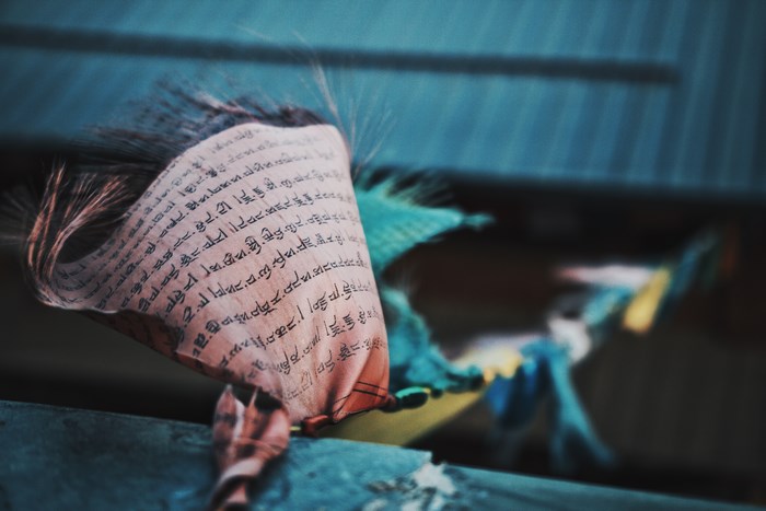 Prayer flags with Tibetan script blowing in the wind