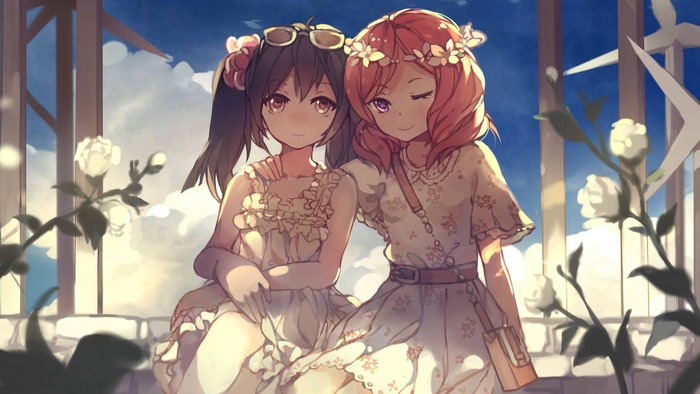 Two anime girls with flowers and sunglasses