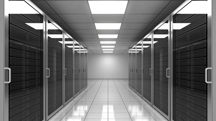 Data center server room with rows of servers
