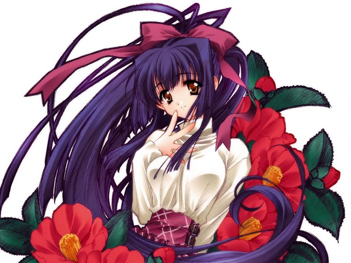 Anime girl with purple hair and red flowers
