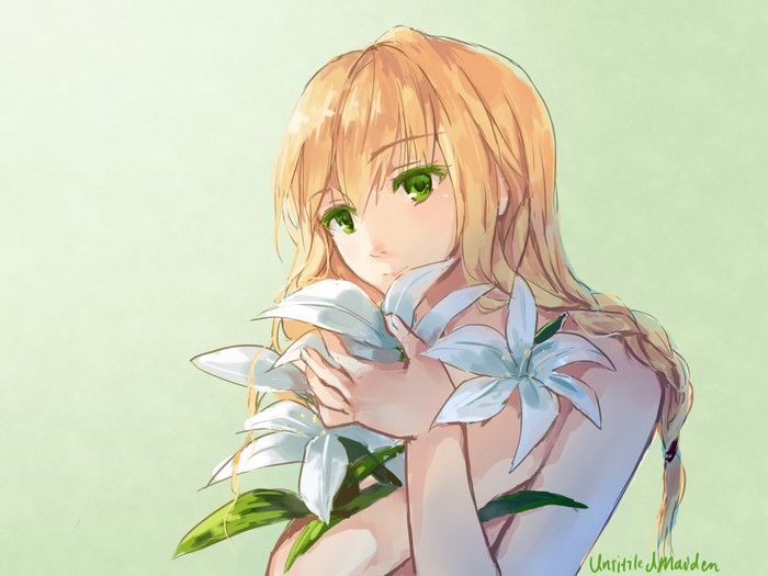 Anime girl with blonde hair and green eyes holding lilies