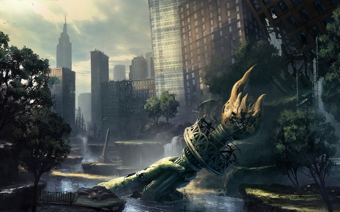 Apocalyptic New York City with Statue of Liberty's Torch