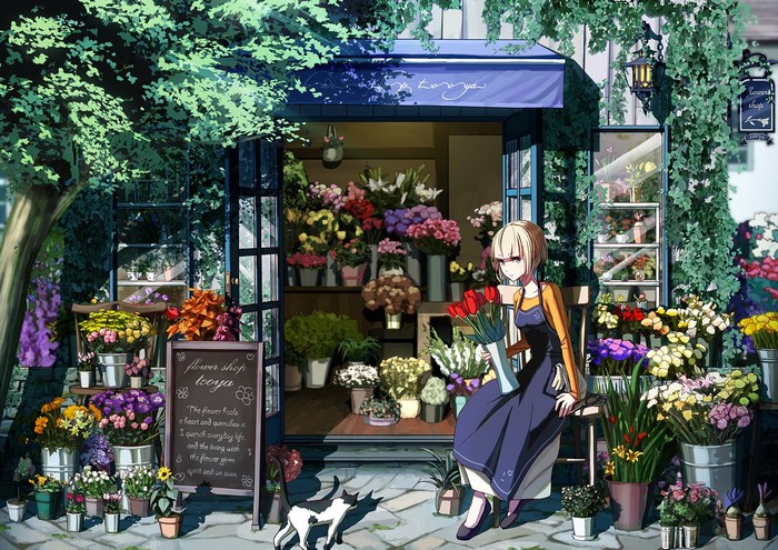Anime girl at a flower shop with a cat