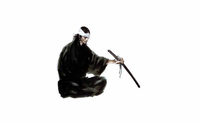 Meditative Musashi Samurai with Sword in Black Attire