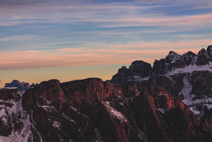 Seceda mountain range at sunset in winter