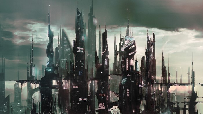 Futuristic city concept art with towering skyscrapers