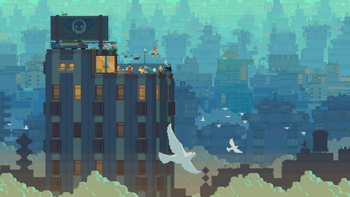 Pixel art cityscape with people on a building and birds