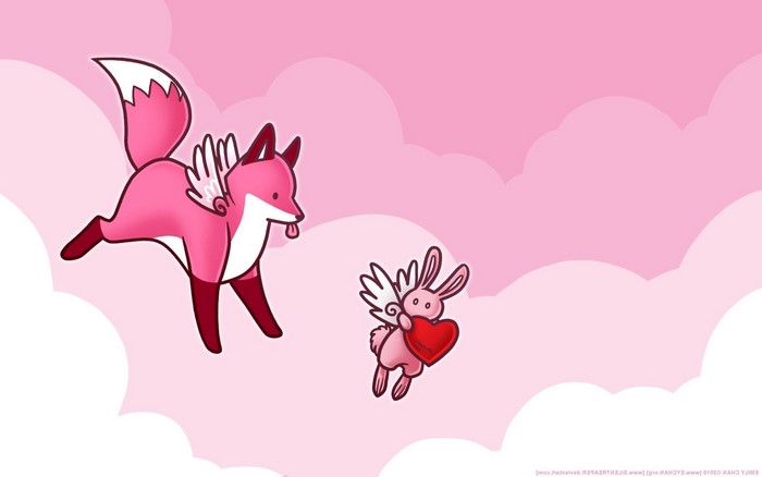 Pink winged fox and rabbit with heart