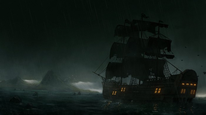 Pirate ship sailing in a stormy sea near islands