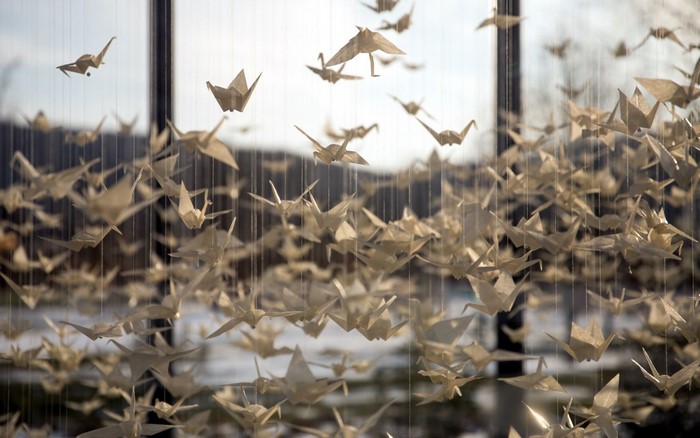 Origami paper cranes hanging on cords