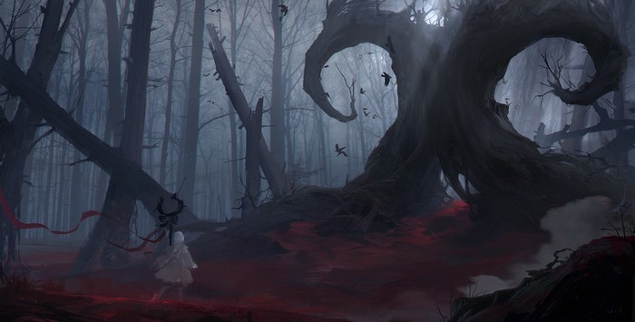 Girl in dark forest with red mist and crows