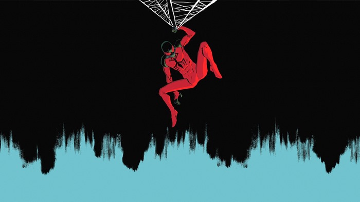 Scarlet Spider swinging on a web