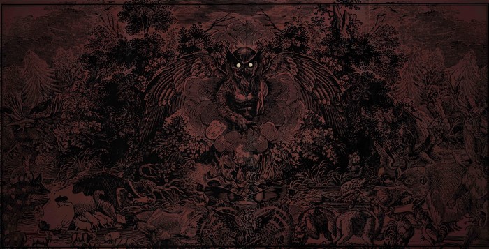Dark fantasy art with owl and forest animals