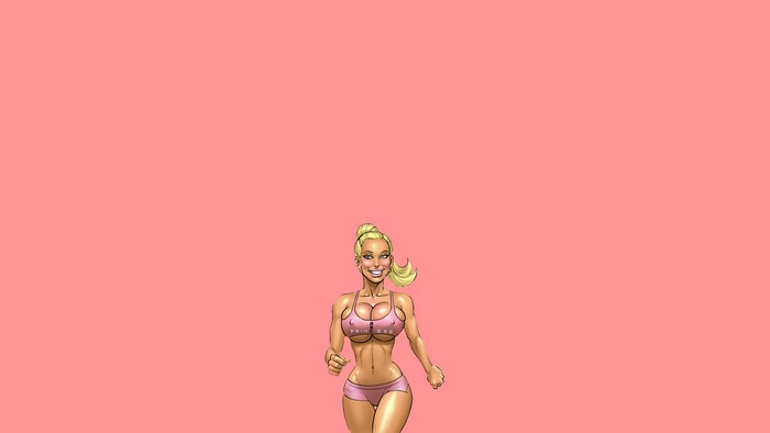 Cartoon blonde woman in pink athletic wear running