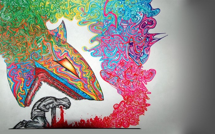 Psychedelic shark attacking a kneeling figure