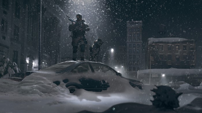 Soldier and dog in a snowy city