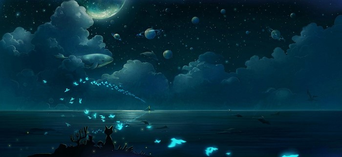 Whale and birds in a starry night sky with planets