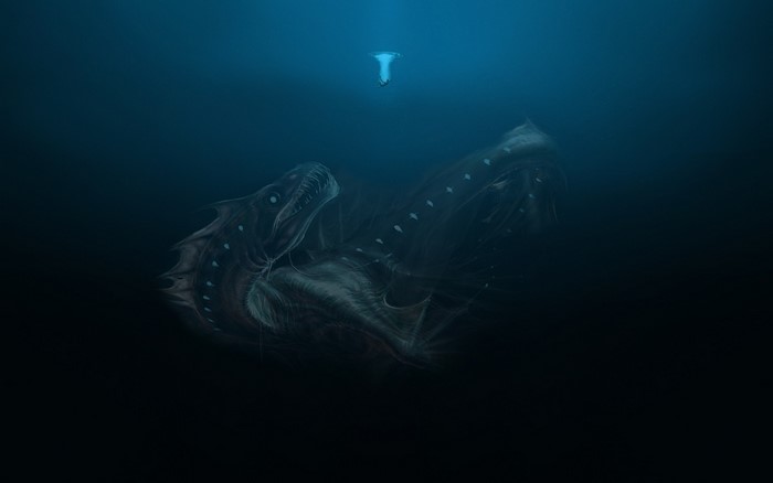 Deep sea monster and diver
