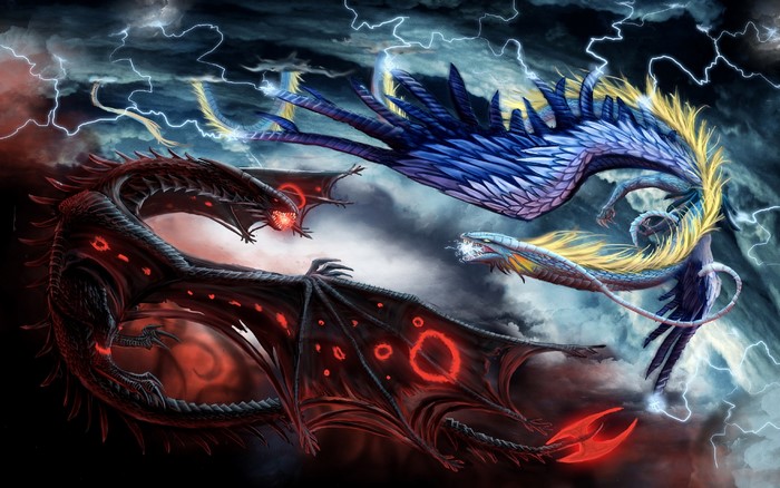 Two dragons fighting amidst lightning and clouds