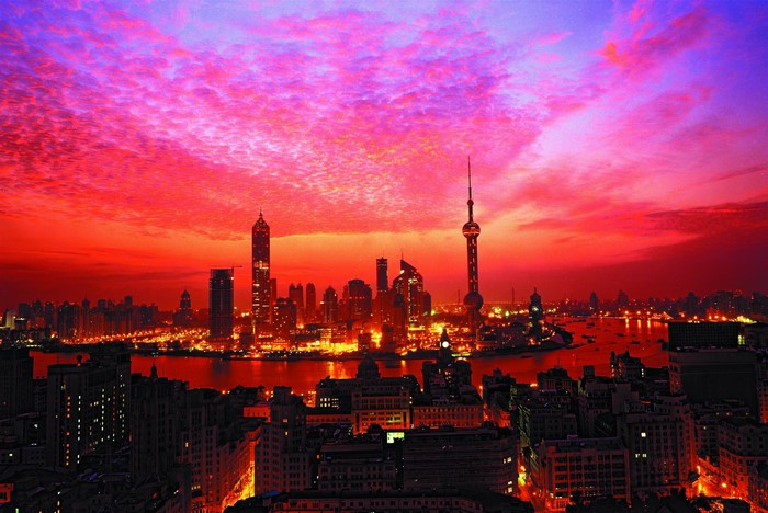 Shanghai skyline at sunset with Oriental Pearl Tower