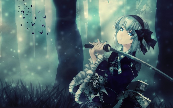 Konpaku Youmu from Touhou holding a katana in a forest