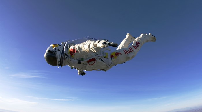 Felix Baumgartner in Red Bull spacesuit skydiving