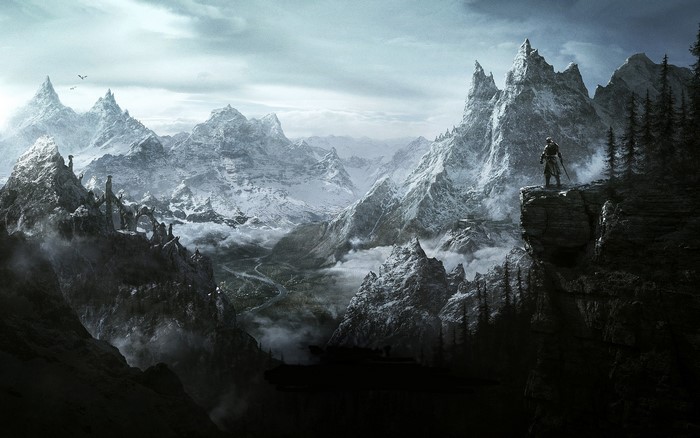 The Elder Scrolls V: Skyrim landscape with a warrior