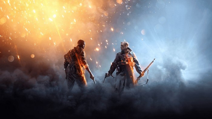 Two soldiers from Battlefield 1 in a fiery battlefield