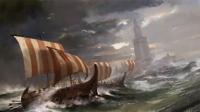 Viking ships sailing in rough seas near a lighthouse