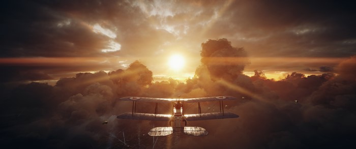 Biplane flying through clouds at sunset in Battlefield 1