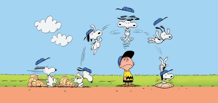 Peanuts comic artwork with Snoopy and Charlie Brown