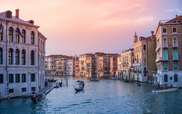 Venice Grand Canal at Sunset with Gondolas