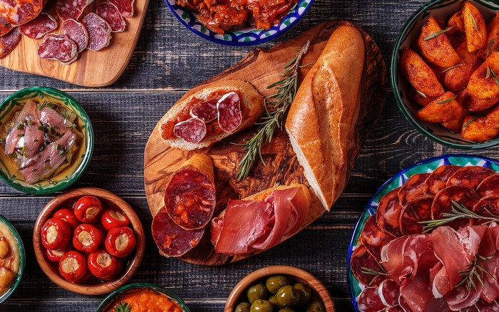 Spanish Tapas Platter with Cured Meats and Bread