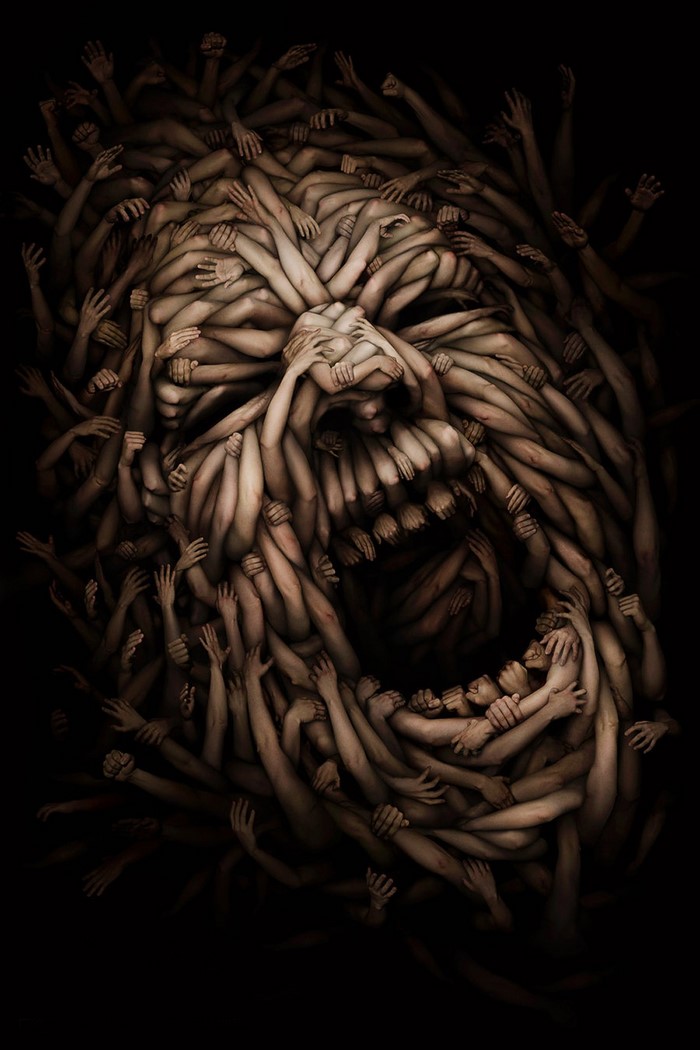 Artwork of a skull made of human arms and hands
