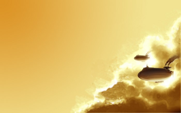 Steampunk airships flying through clouds