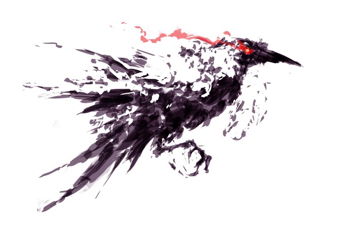 Digital art of a black crow with glowing red eyes