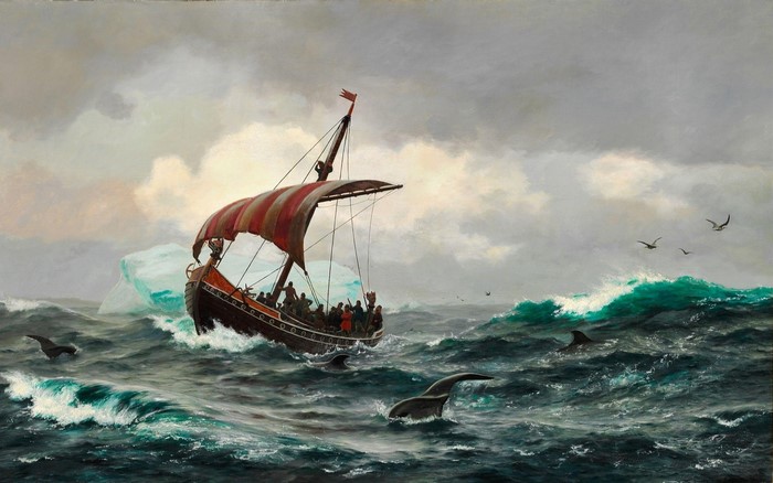 Viking ship sailing near an iceberg and whales