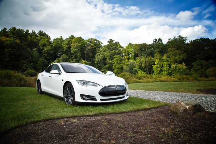 White Tesla parked on grass near trees