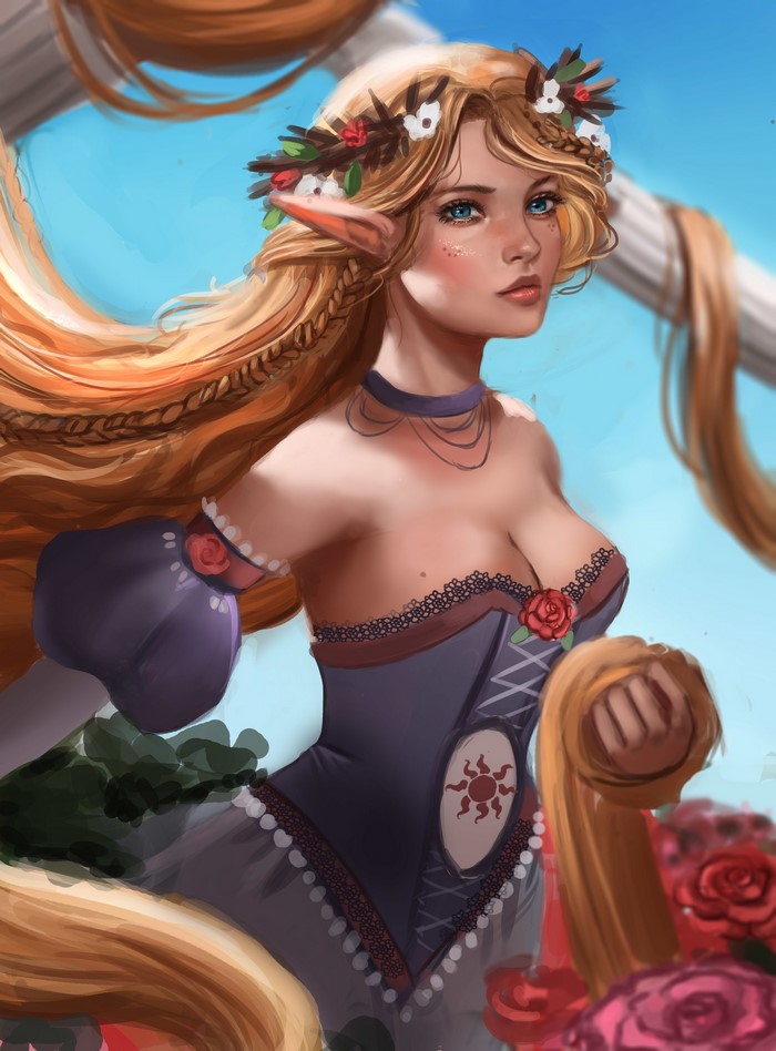 Blonde elf woman with long hair and flower crown
