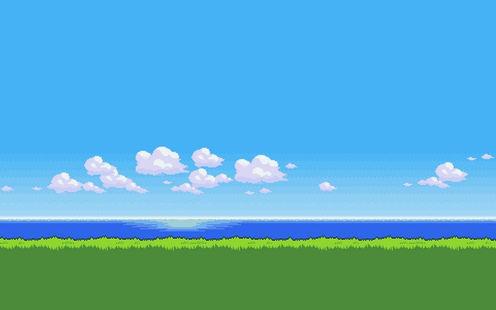 Pixel art landscape with clouds, ocean, and grass