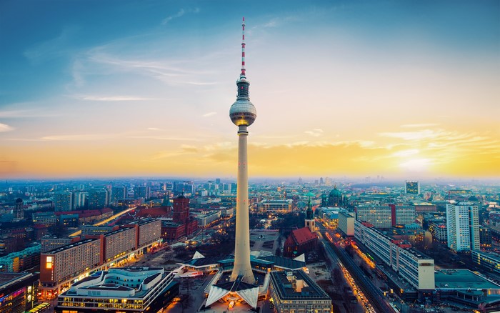 Berlin cityscape with TV Tower at sunset