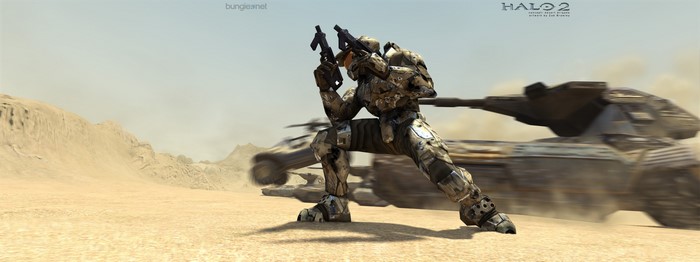 Master Chief from Halo 2 in a desert