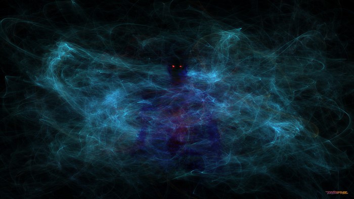 Creepy figure with red eyes in blue energy