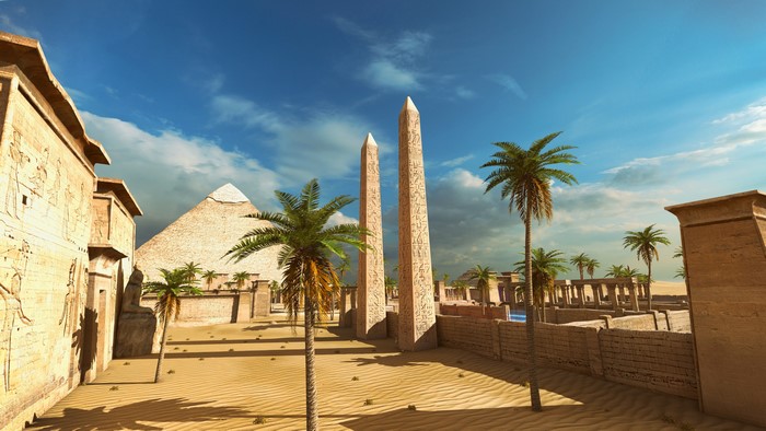 The Talos Principle screenshot: Egyptian pyramids and obelisks