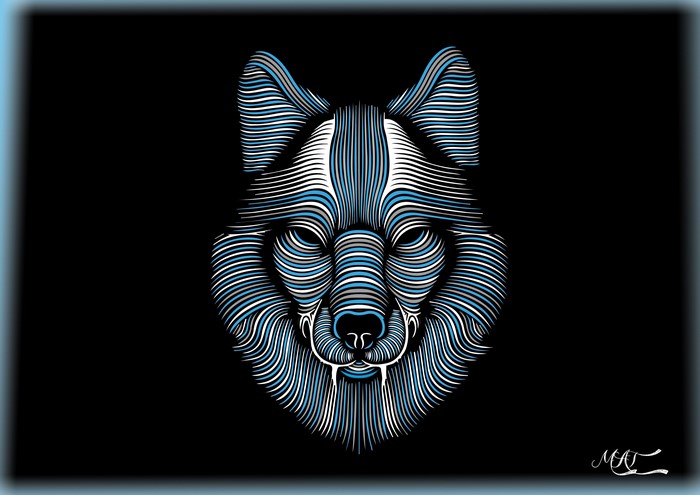 Wolf head illustration with blue and white lines